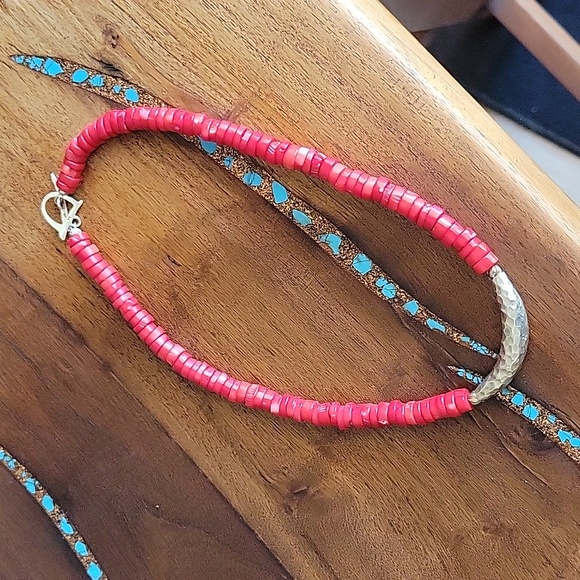 Red Coral Necklace With .925 silver Hammered Hardware and Closure.  17" length - Picture 11 of 11